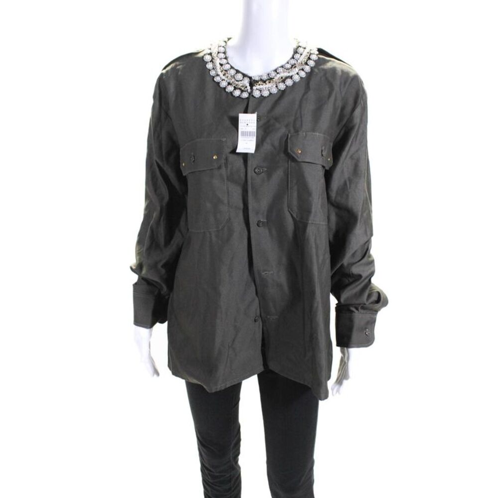 Barneys New York Womens Cotton Pearled Chained Jeweled Buttoned Top Green Size M
